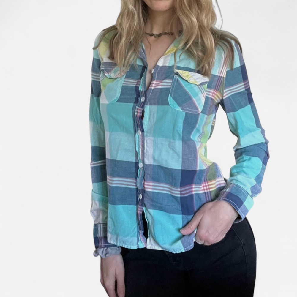 American Eagle Blue and Green Multicolor Plaid Shirt Size Medium